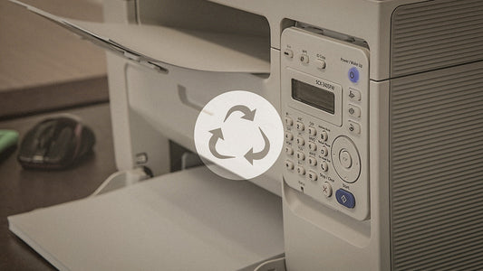 A printer recycling icon is shown with a printer behind it.